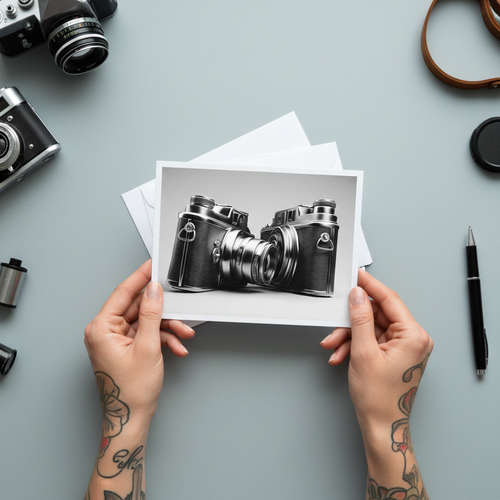 IT TAKES TWO #1 Pack of 10 Greeting Cards (4.25 x 5.5) – Two Cameras Design, Blank Inside, Envelope