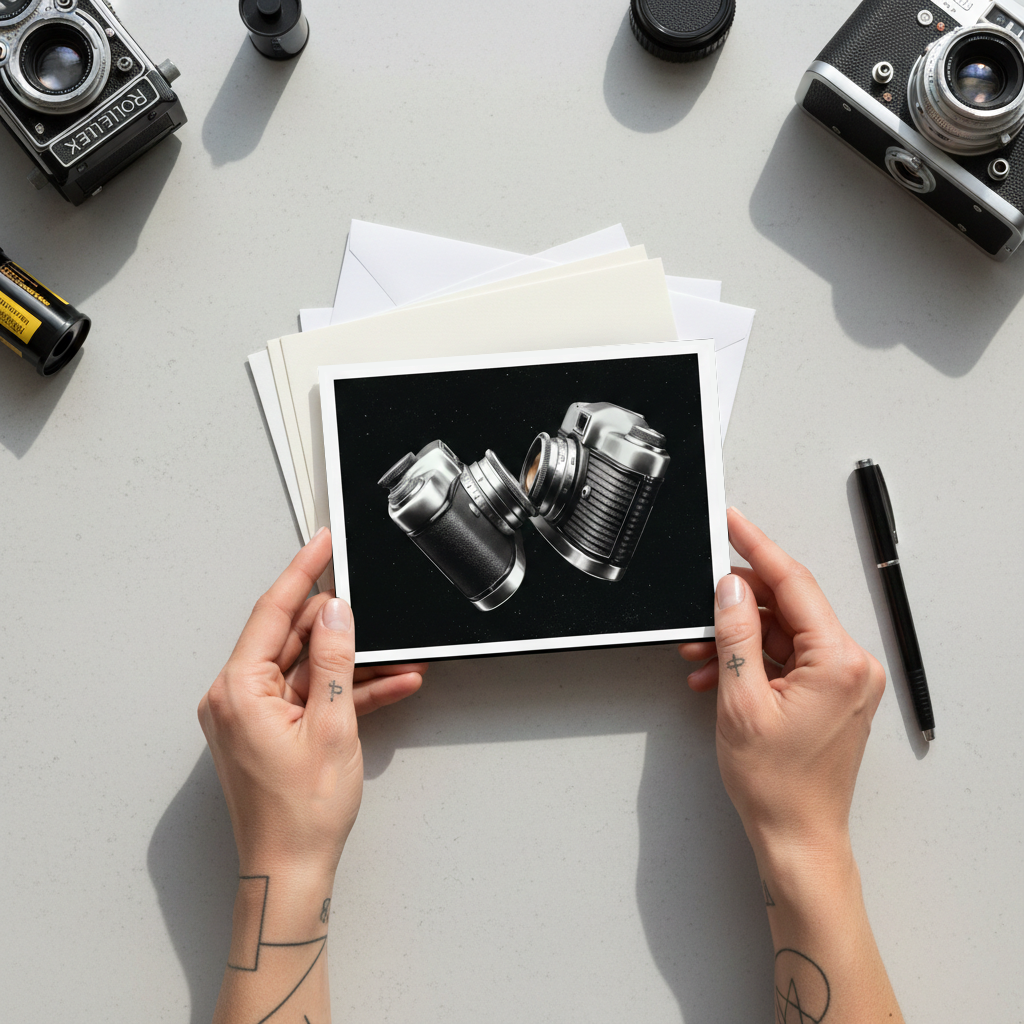 STELLAR DUO Pack of 10 Greeting Cards (4.25 x 5.5) - Two Camera Astral Design, Blank Inside, Envelope